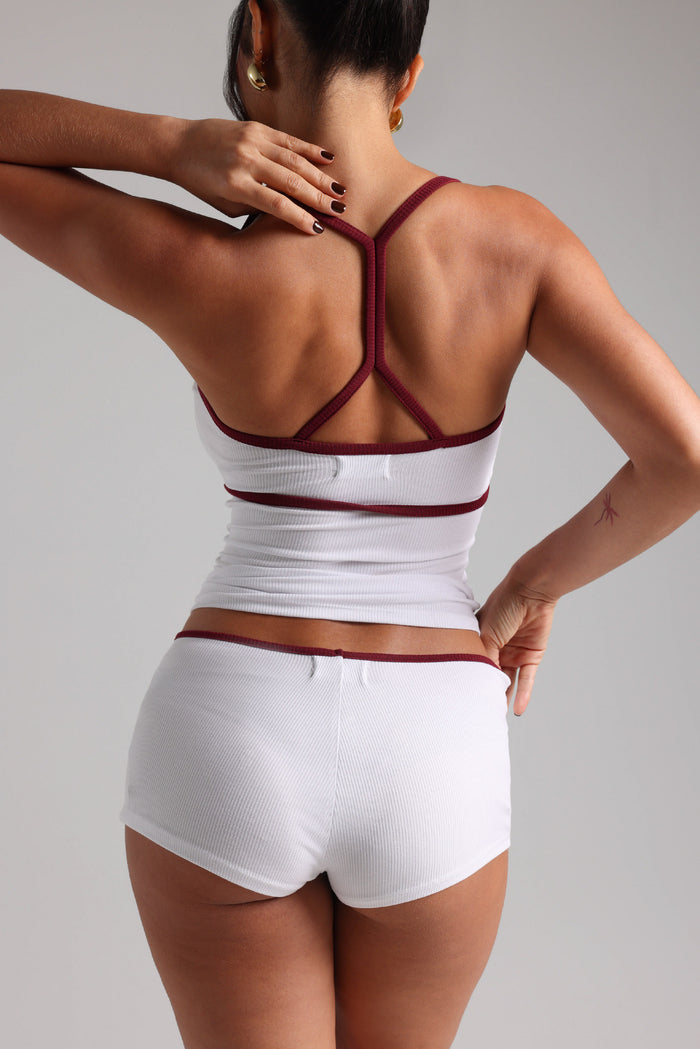 Classic Two-Tone Micro-Ribbed Mini Shorts - White/Black Cherry