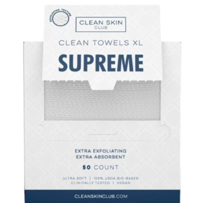 Clean Skin Club Clean Towels XL Supreme, extra-large dual-texture disposable face towels.