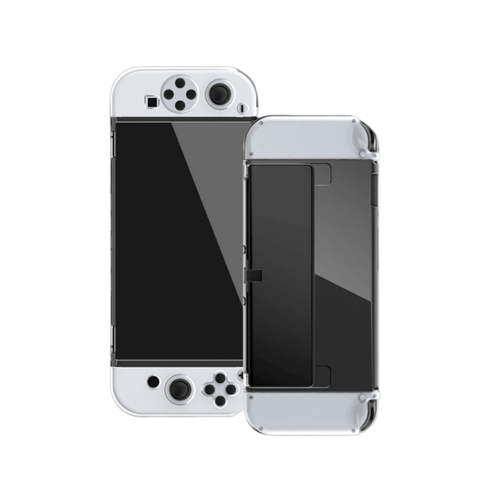 Nintendo Switch OLED with clear hard case showing perfect button alignment