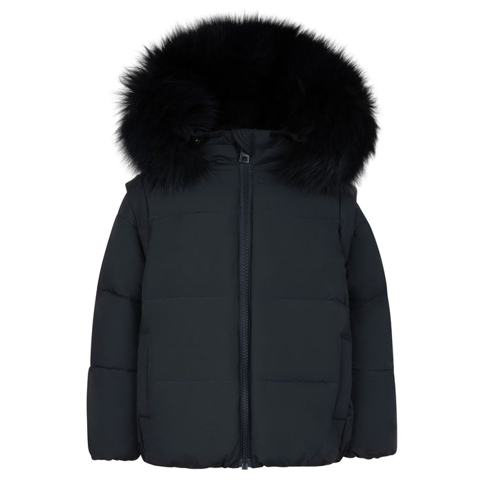 coat color zipper with fur hood - black