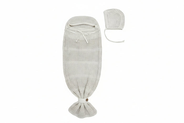 cocoon chunky knit drawstring bow with bonnet - ivory