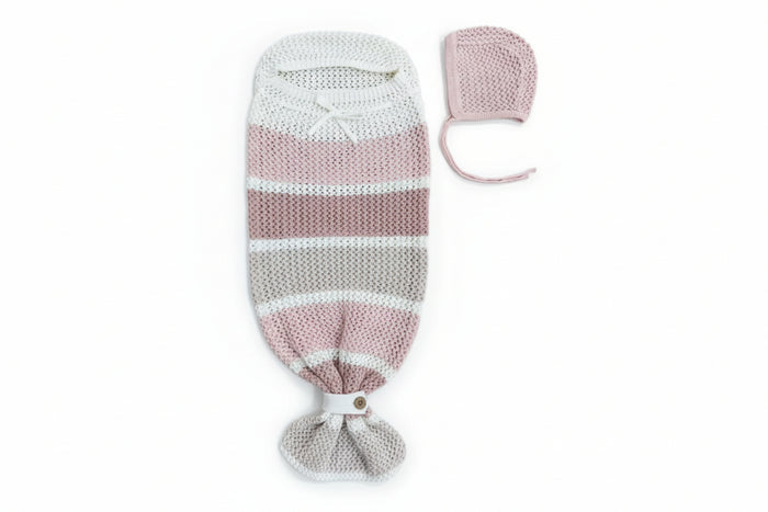 cocoon chunky knit drawstring bow with bonnet - mauve