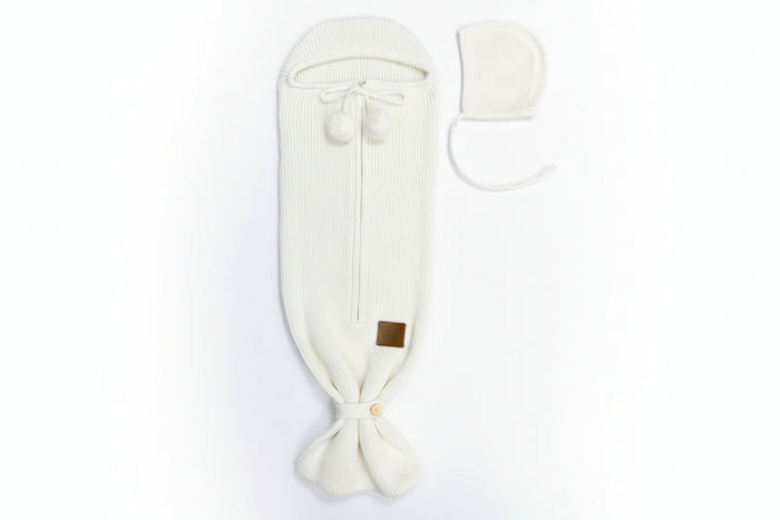 cocoon textured knit zip up tie with bonnet - ivory