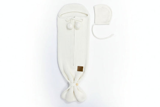cocoon textured knit zip up tie with bonnet - ivory