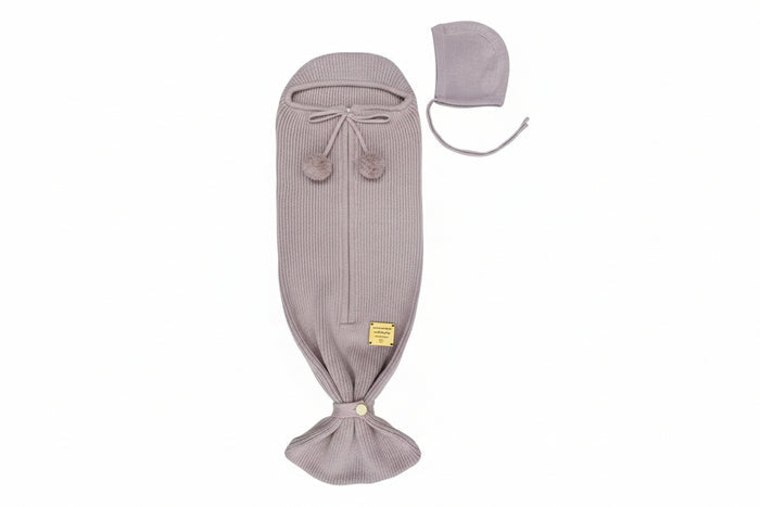 cocoon textured knit zip up tie with bonnet - mauve