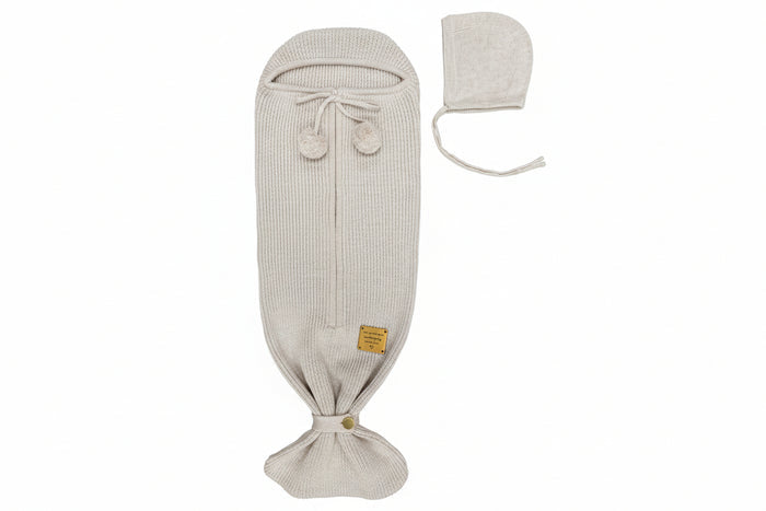 cocoon textured knit zip up tie with bonnet - sand