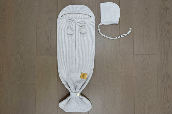 cocoon textured knit zip up tie with bonnet - sand
