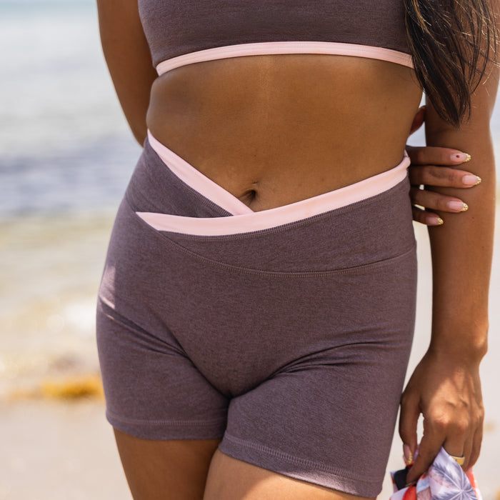 Heather Moonscape + Strawberry Cream Crossover Short 5" No Front Seam - High Rise by FLEO - 2