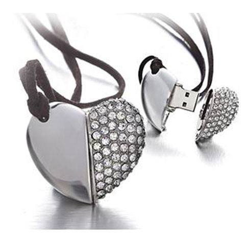 Crystal Heart USB Flash Drive 2.0 Magnetic Necklace 16 GB - 6 Colors Silver