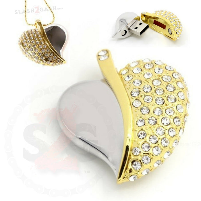 Crystal Necklace Heart USB Flash Drive 2.0 Gold Pendant Charm 16gb memory stick