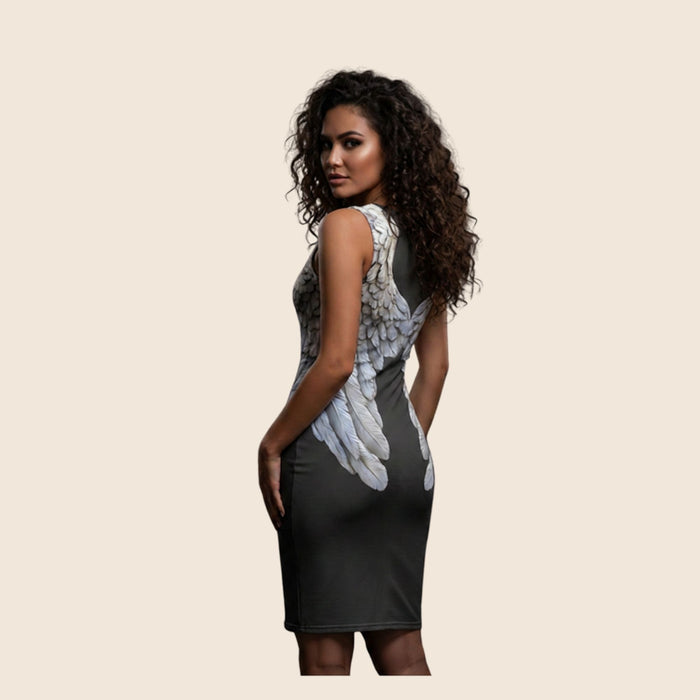 Dark Grey & Silver Wings Cotton Bodycon Mini Dress — All-Over Print Festival Dress
