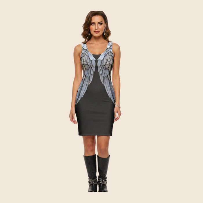 Dark Grey & Silver Wings Cotton Bodycon Mini Dress — All-Over Print Festival Dress