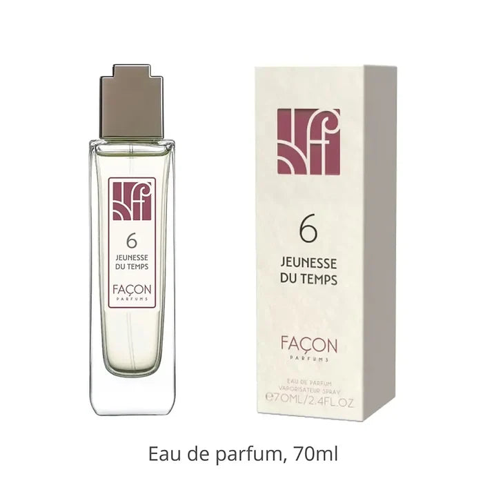 Flacon élégant de l’Eau de parfum Jeunesse du temps N 6 Folleville 70 ml Femme avec son étui raffiné, parfum oriental pour femme moderne.