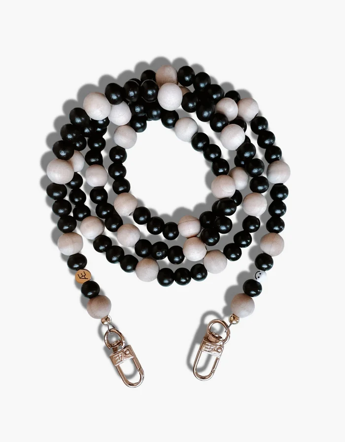 ebony phone strap, crossbody phone strap, wooden bead phone strap, detachable phone strap, smiling face strap, stylish phone strap, gold silver matte black phone strap