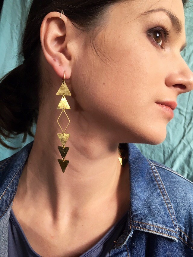 ELDORADO EARRINGS Eldorado-Long Hammered  Brass Arrow Motif Earrings Shoulder Dusters, All-Seeing-Eye