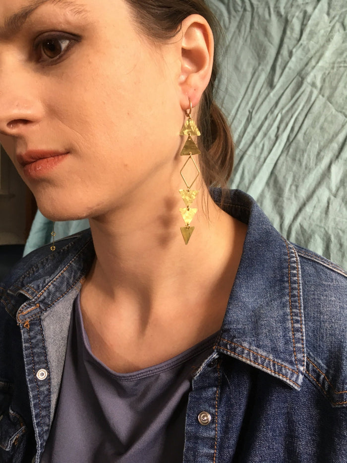ELDORADO EARRINGS Eldorado-Long Hammered  Brass Arrow Motif Earrings Shoulder Dusters, All-Seeing-Eye