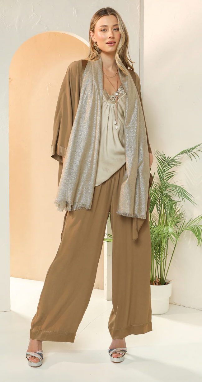Elizabeth Scott- Viscose Pants with Satin Trim and Woven Waistband Sand