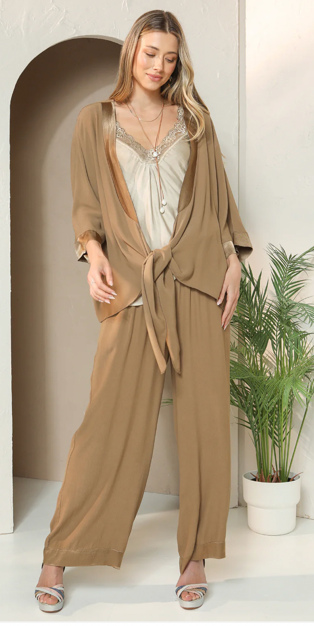 Elizabeth Scott- Viscose Pants with Satin Trim and Woven Waistband Sand