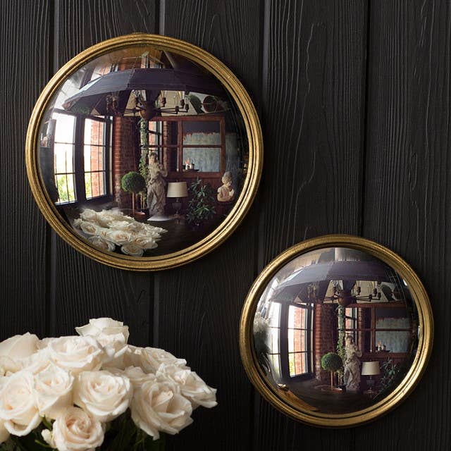 convex bullseye mirror, extra small gold wall mirror, Vagabond Vintage convex mirror, gold leaf decorative mirror, fish-eye effect mirror, round convex metal mirror, antique style wall accent, vintage inspired gold mirror, small statement mirror, stanton bullseye mirror