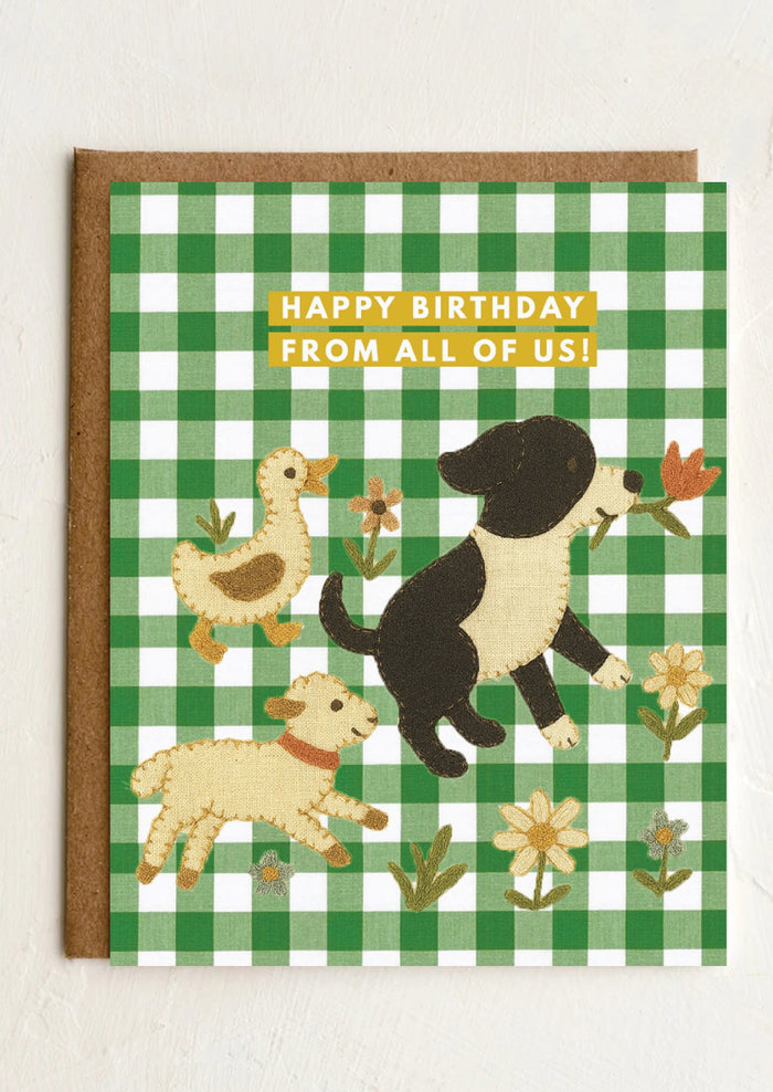 Birthday card with animals and checkered pattern