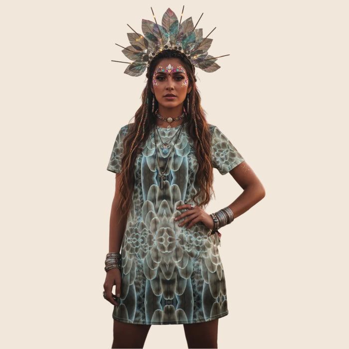 Feather Print Cotton T-Shirt Dress — All-Over Print Casual Festival Dress