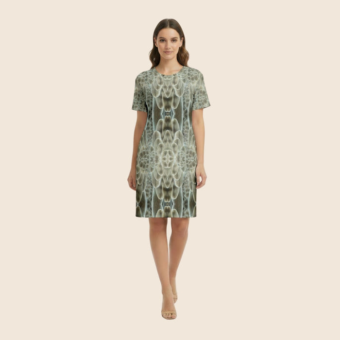 Feather Print Cotton T-Shirt Dress — All-Over Print Casual Festival Dress