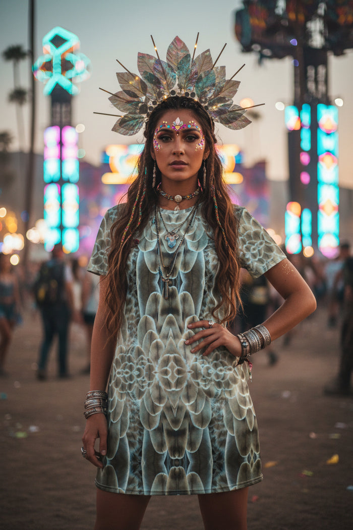 Feather Print Cotton T-Shirt Dress — All-Over Print Casual Festival Dress