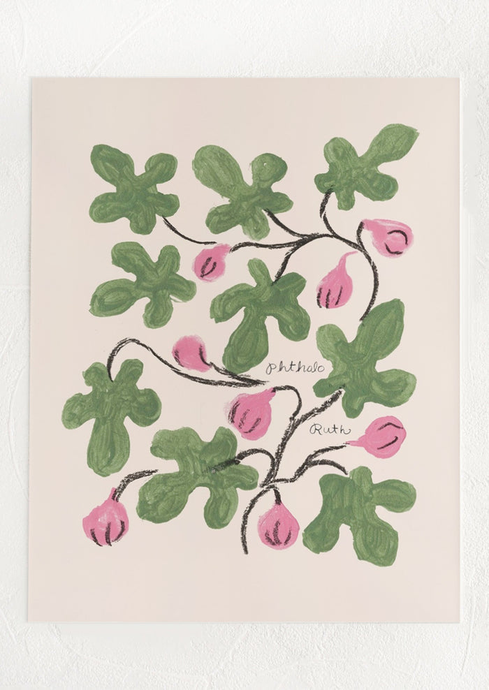 Decorative print with green leaves and pink figs on a beige background