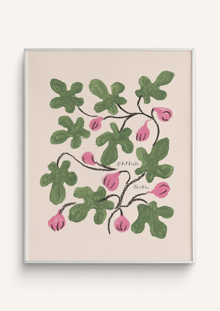 Decorative print with green leaves and pink figs on a beige background