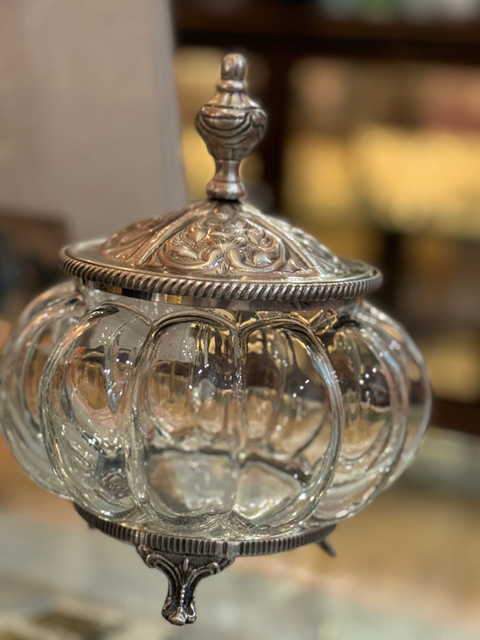 Filigree Glass Vanity Jar, antique silver vanity jar, elegant vanity jar, glass storage jar, decorative storage jar, feminine vanity display, countertop storage, brass and