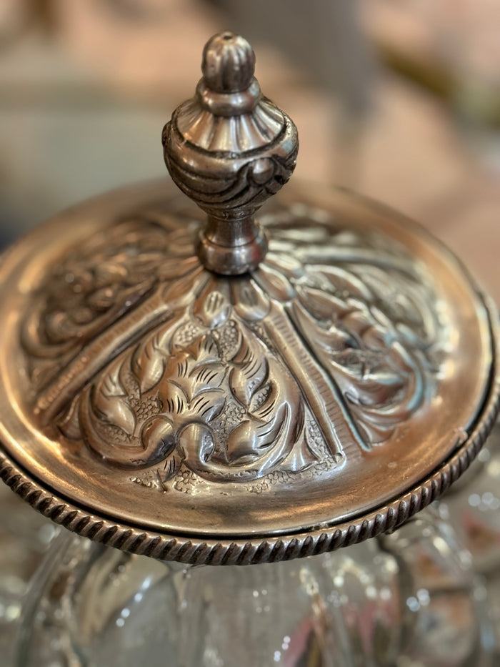 Filigree Glass Vanity Jar, antique silver vanity jar, elegant vanity jar, glass storage jar, decorative storage jar, feminine vanity display, countertop storage, brass and