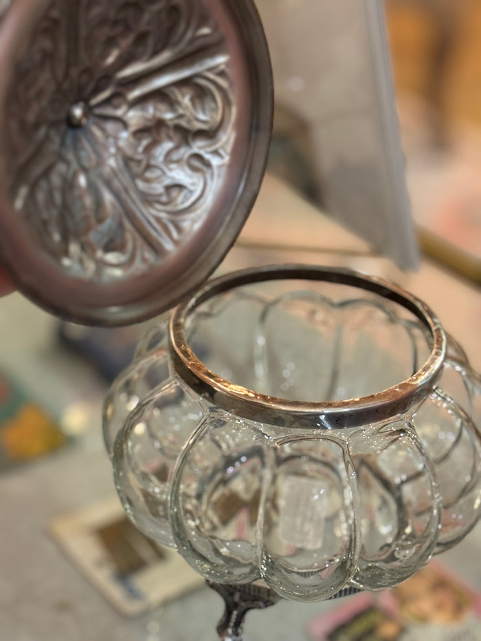 Filigree Glass Vanity Jar, antique silver vanity jar, elegant vanity jar, glass storage jar, decorative storage jar, feminine vanity display, countertop storage, brass and