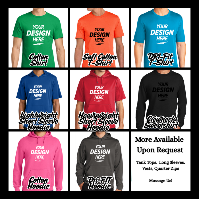 A 3x3 grid showing multiple apparel color options on cropped male models, including green, orange, blue, royal blue, red, black, pink, gray, and white hoodies and t-shirts. Each shirt has placeholder text reading 'YOUR DESIGN HERE,' and a bottom-right panel says more available upon request with tank tops, long sleeves, vests, quarter zips, and message us. Baseball lifestyle custom apparel for youth athletes, personalized baseball shirts and athletic gear by Officially Get Drippy