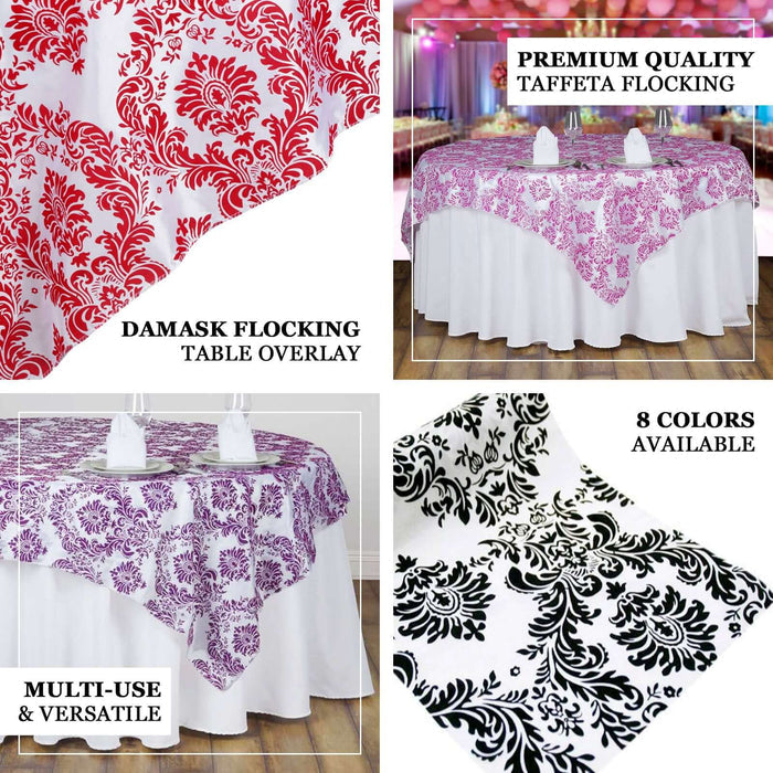 Damask flocking table overlays in various colors and patterns for elegant decor.