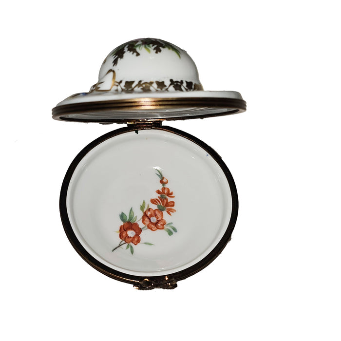 Charming Floral Garden Hat Box Porcelain Limoges Garden hat French Trinket Box