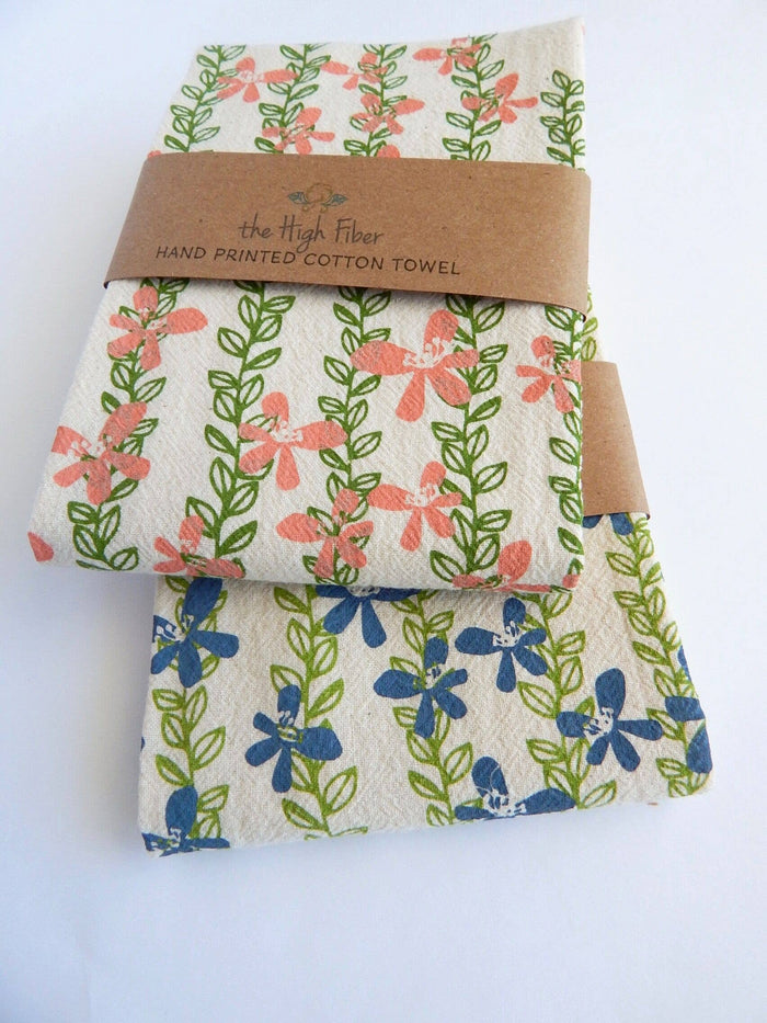 Floral Kitchen Towel,  Handprinted Towel, Floral Vine: Pink and Green Vines on Natural