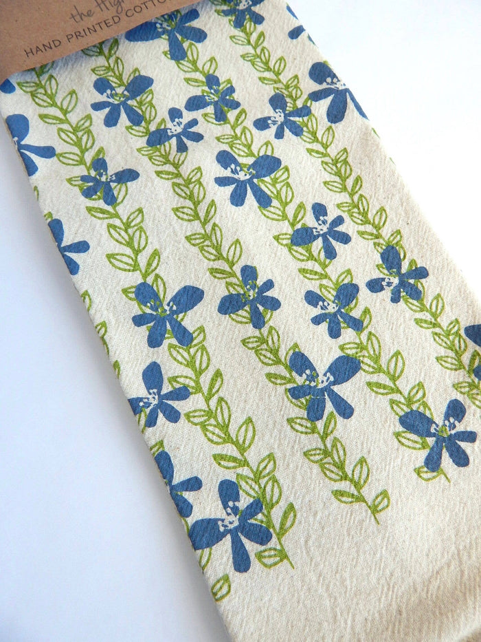 Floral Kitchen Towel,  Handprinted Towel, Floral Vine: Pink and Green Vines on Natural