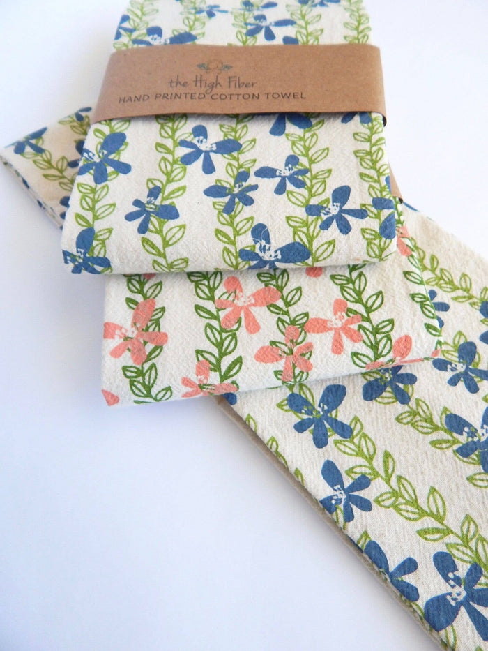 Floral Kitchen Towel,  Handprinted Towel, Floral Vine: Pink and Green Vines on Natural