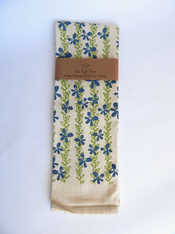 Floral Kitchen Towel,  Handprinted Towel, Floral Vine: Pink and Green Vines on Natural