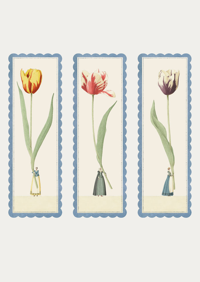 Three floral bookmarks with tulips on a light blue background