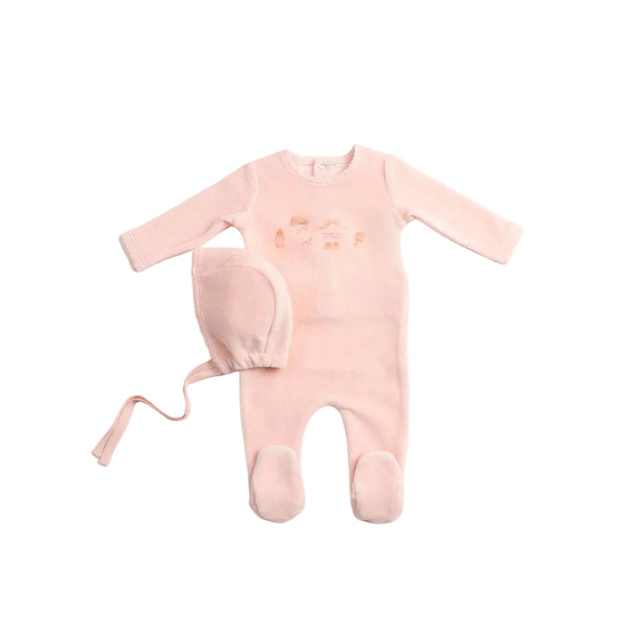 footie baby velour with beanie - sand pink