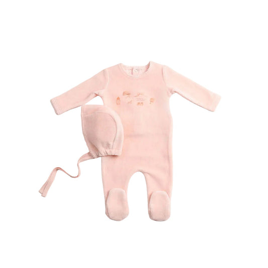 footie baby velour with beanie - sand pink