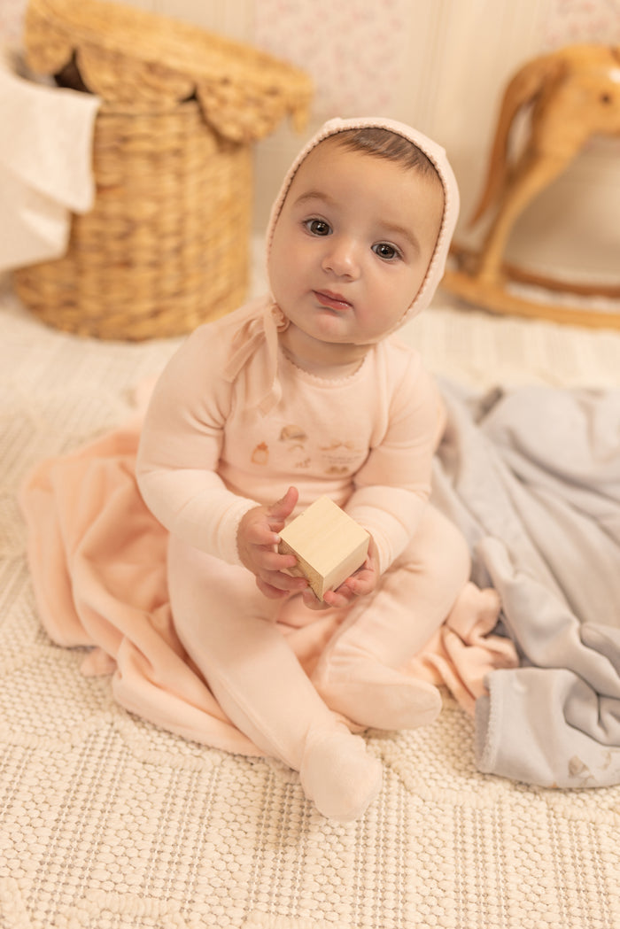 footie baby velour with beanie - sand pink