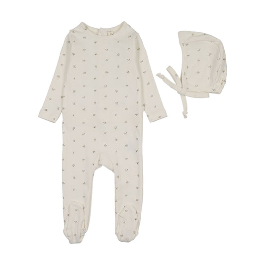 footie bitsy floral with bonnet - cream/oat