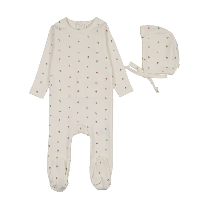 footie bitsy floral with bonnet - cream/pink