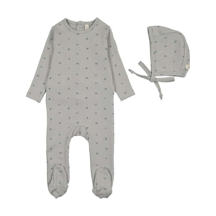 footie bitsy floral with bonnet - pale blue