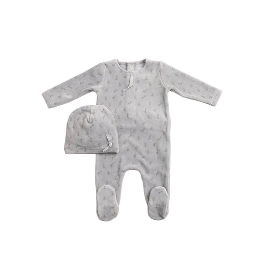footie blossoms print velour with beanie - sky blue
