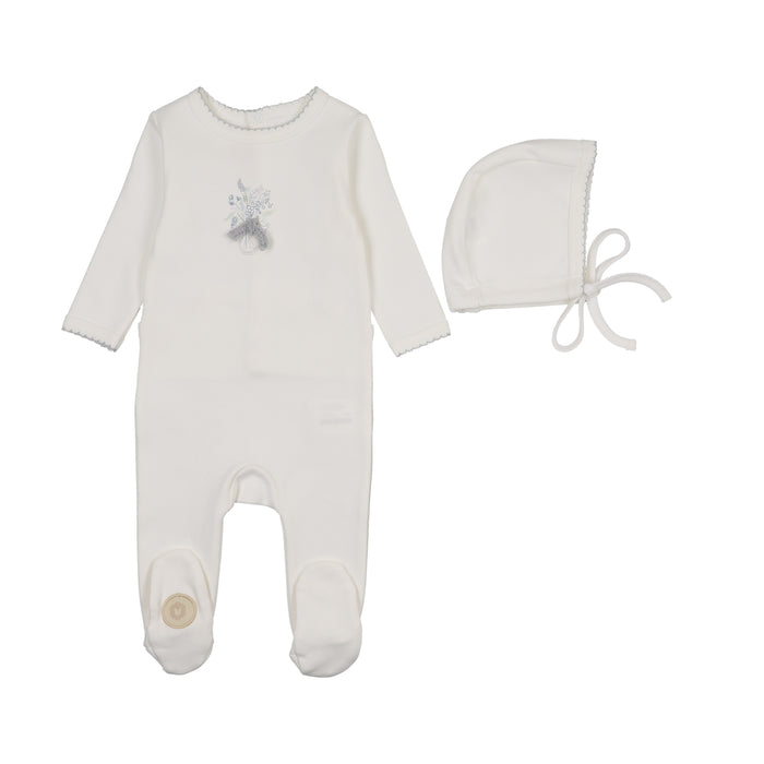 footie bundle of blossoms with bonnet - ivory/blue