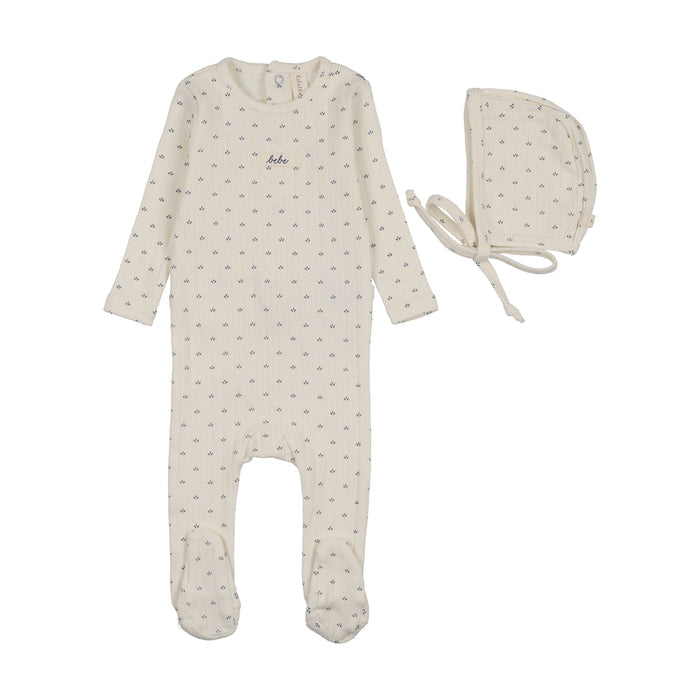 footie floret print pointelle with bonnet - cream/blue