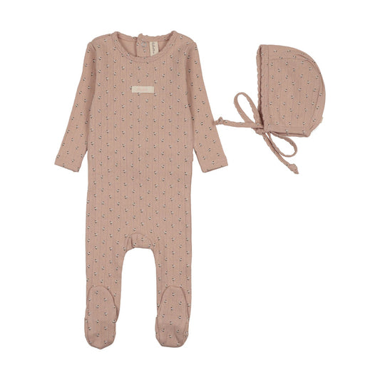 footie floret print pointelle with bonnet - dusty pink